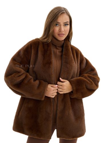 Коричневая шуба из эко-меха с поясом