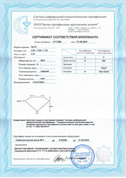 Бриллиант Кр-57 2.64 х 2.66 х 1.58 мм 2/5 0.07 ct