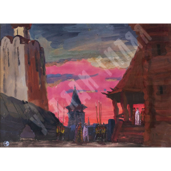 Кетов А. Д. Встреча на закате. Бумага, гуашь, золотая краска. 1950-е. СССР. 29х48 см. Эскиз театраль