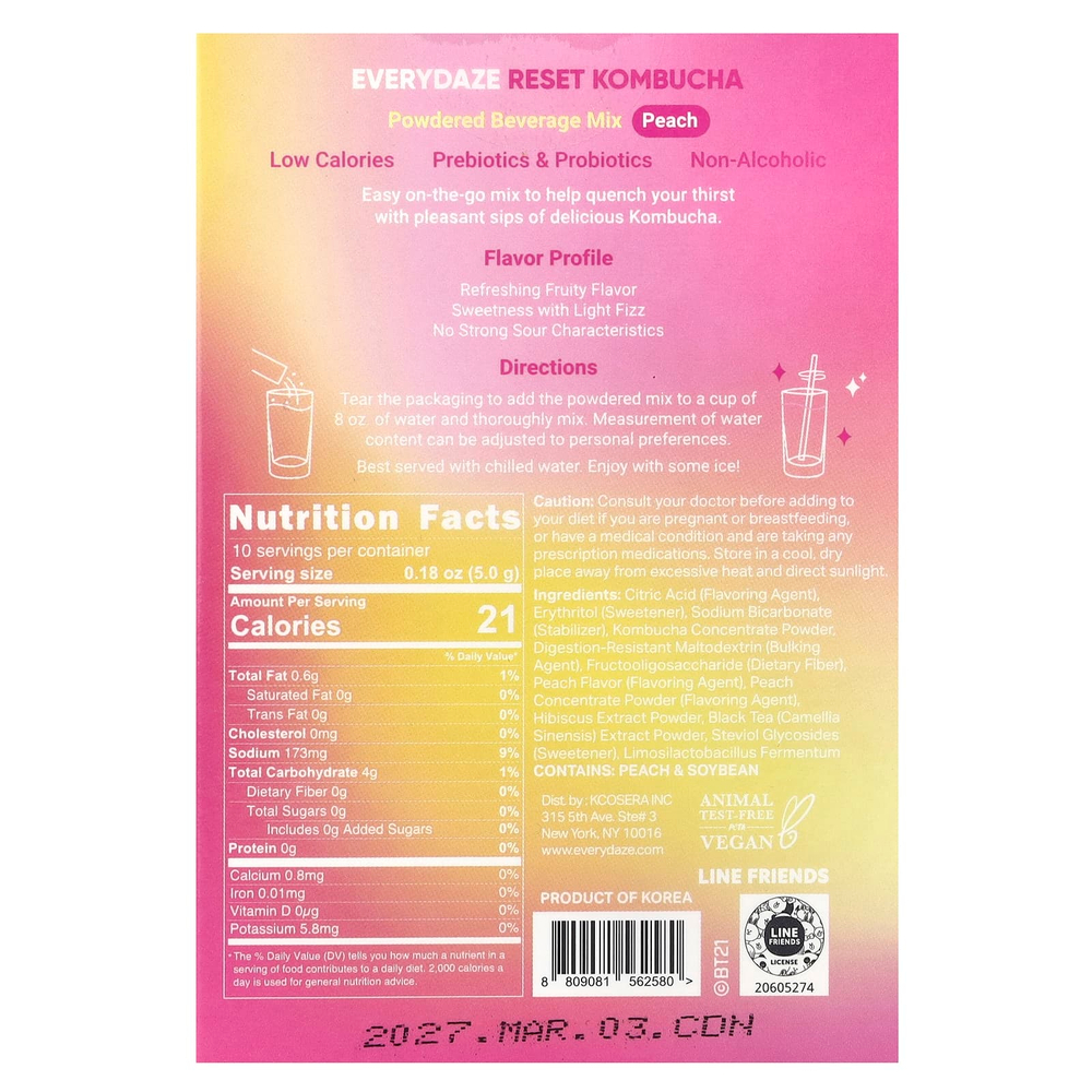 Everydaze, Reset Kombucha, порошковая смесь для напитков, персик, 10 пакетиков по 5 г (0,18 унции)
