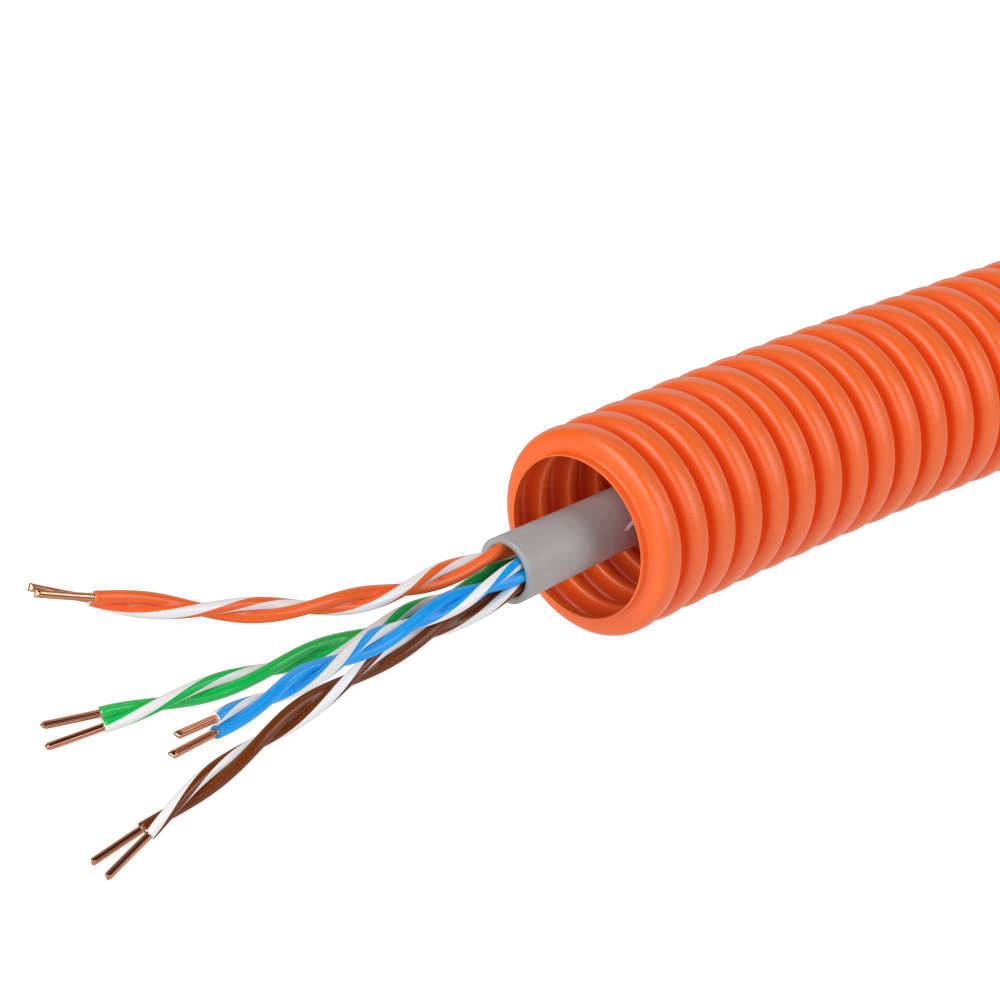 Электротруба ПНД гибкая гофрированная д. 16 мм, цвет оранжевый, скабелем витая пара 5EU/UTP нг(А)-HF, 25 м