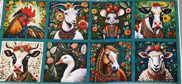 один ряд - верхний (с петухом) ДЕРЕВЕНСКИЕ ЛЮБИМЦЫ #3, купон, 100% хлопок Handmade Fabrics 1