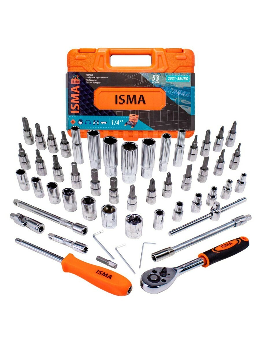 Набор инструмента 53пр. 1/4''(6-гран.)(4-14мм, головки глубокие 6-14мм) ISMA ISMA-2531-5 EURO