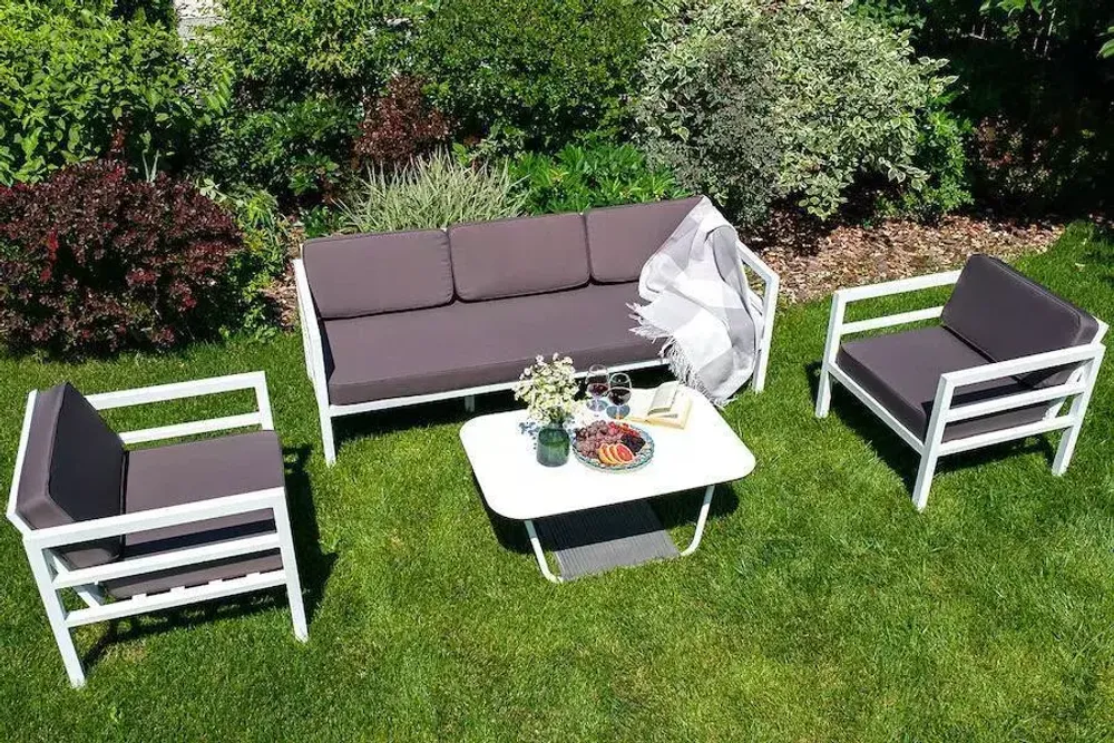 "Эстелья" диван 3-местный, каркас алюминий белый муар, ткань темно-серая 027