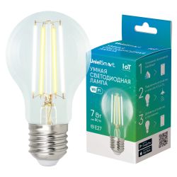 LED-A60-7W-SW-E27-230V-WF-CL GLS81TR Умная лампа светодиодная Wi-Fi+Bluetooth. диммируемая. Форма А. прозрачная. Стеклянная колба. 2700-6500K. Голосовое управление+приложение UnielSmart. TM Uniel