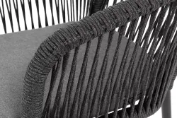 "Марсель" стул плетеный из роупа, каркас алюминий черный муар, роуп темно-серый круглый, ткань темно-серая 027