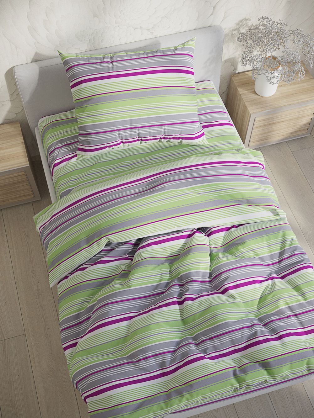 Постельное белье  перкаль Сказка "Аромат сирени" 1,5-сп  Наволочка 50х70 см 1 шт  Простынь на резинке 90x200 см  Пододеяльник 145x215 см