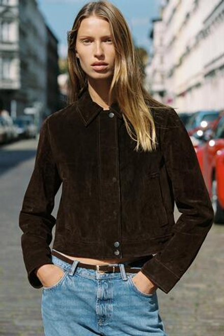 ZARA КОРОТКАЯ КУРТКА ИЗ 100% КОЖИ, ТЕМНО-КОРИЧНЕВЫЙ