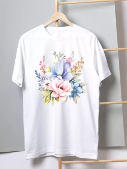 Футболка праздничная летняя белая оверсайз с цветами