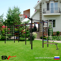 Уличная шведская стенка Sv Sport рукоход х 2 с комплектом турник прямой 2шт У51066К (Турник/Брусья/Скамья/Щит баскет/Канат/кольца/лестница/Сетка)