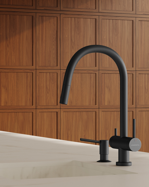 Смеситель для кухни Abelsberg Aera EMF71709MB c вытяжным изливом и возможностью подключения фильтра для воды, цвет матовый черный