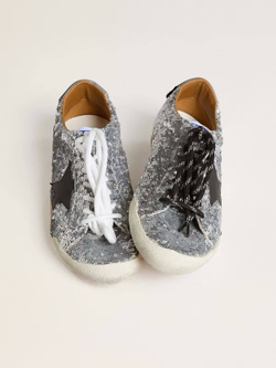 True Star in silver sequins with black star and beige leather heel tab