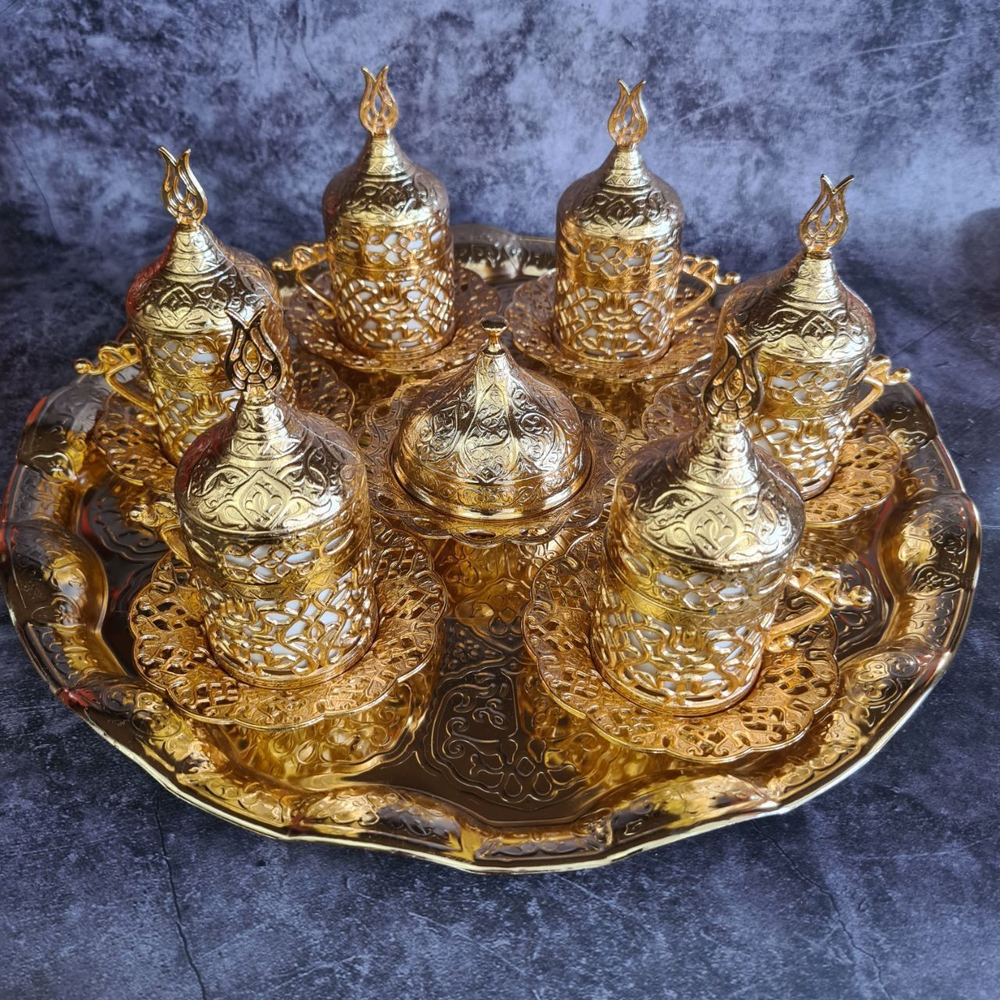 Кофейный набор "Тюльпан" на 6 персон с подносом/ACAR. Турция (золотистый 27 предметов)