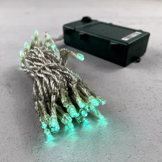 Светодиодная гирлянда 5 м., 3 батарейки типа D 4.5V, 50 LED ламп цвета аква, таймер, прозрачный провод, LTC (EST50-4W10-8A)