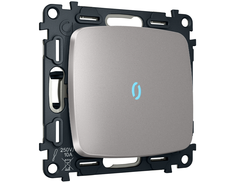 MO502040 Комплект механизма 1-кл проходного выключателя с подсветкой 10000K OMEGA Сталь матовый QUANT (OP5020, VM105, G29B)