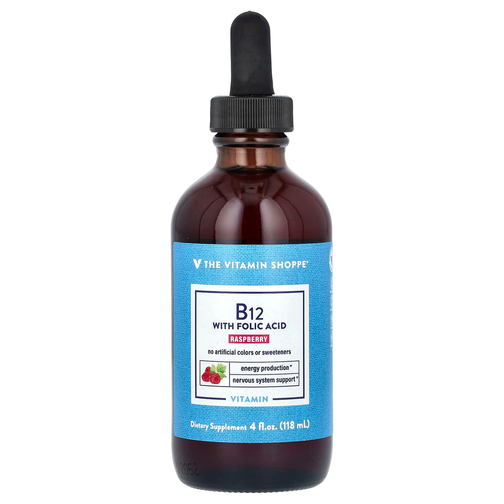 The Vitamin Shoppe, витамин B12 с фолиевой кислотой, малина, 118 мл (4 жидк. унции)