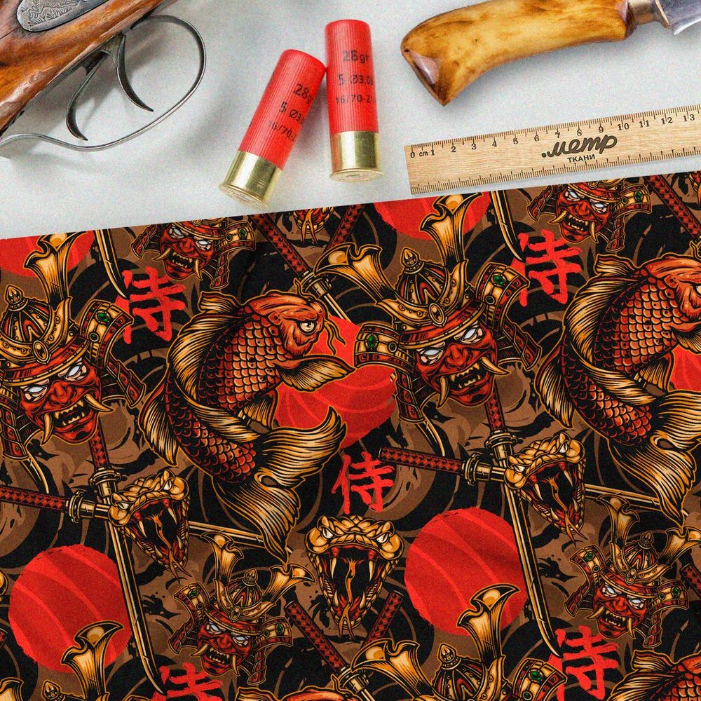 Ткань мембрана красный самурай, катаны и рыбы на чёрном фоне