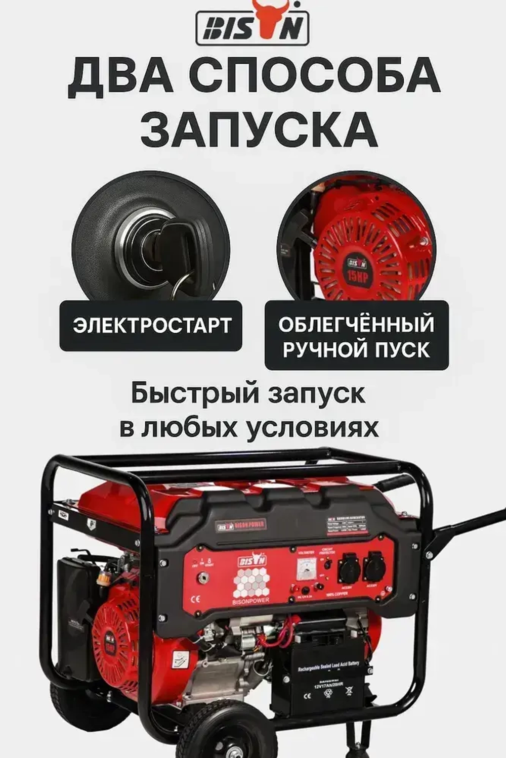Бензиновый генератор электростанция 5.5кВт BISON BS6500EP с электростартером