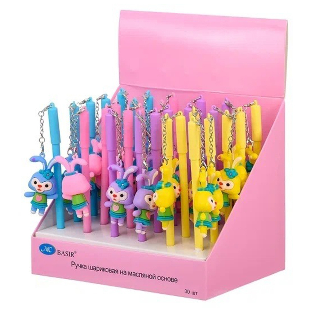 Ручка шариковая, масляная, Basir, синие чернила, серия "Зайчиха", с резиновой фигуркой на брелоке, 30 шт