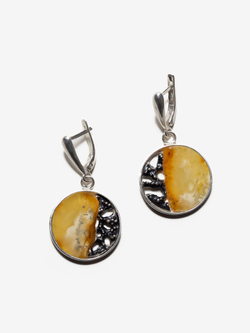 Уникальный серебряный комплект с цельным пейзажным янтарем, серебро 925 пробы