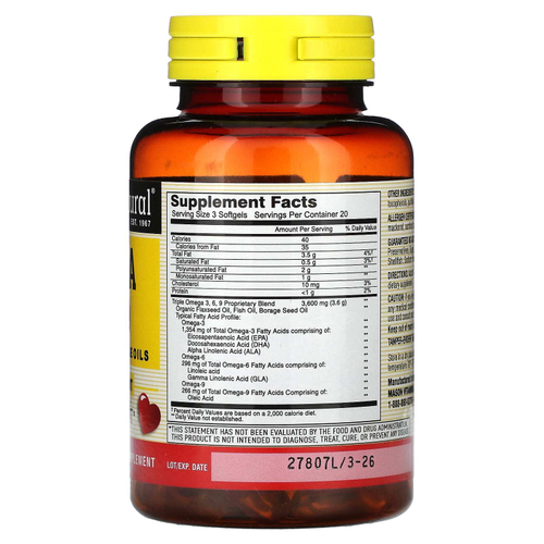 Mason Natural, Омега 3-6-9, масло рыбы, льна и бурачника, 60 мягких таблеток