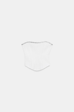 ZARA ЭЛАСТИЧНЫЙ ТОП-КОРСЕТ СО СТРАЗАМИ, ЖЕЛТОВАТО-БЕЛЫЙ