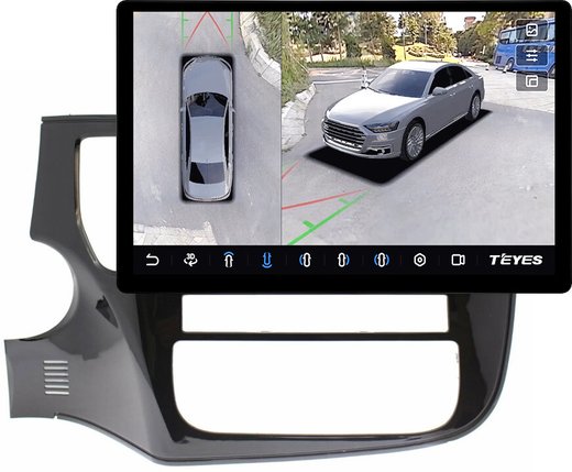 Магнитола Mitsubishi Outlander 3 2012-2022 (левый руль, рамка 10) - Teyes CC3-2K-360 монитор 13" 2K QLED на Android 10, 6Гб+128Гб, CarPlay, 4G SIM-слот, 4 камеры в комплекте
