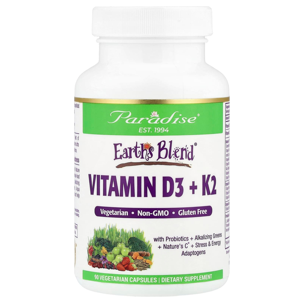 Paradise Herbs, Earth's Blend®, витамины D3 и K2, 90 вегетарианских капсул