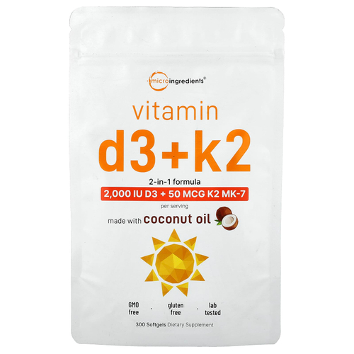 Micro Ingredients, витамины D3 и K2, 300 мягких таблеток