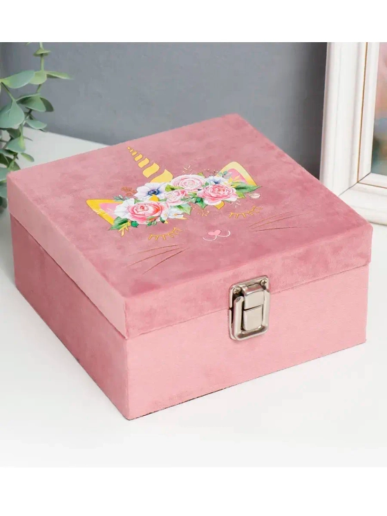 Шкатулка дерево Кошечка единорог с цветами бархат розовый