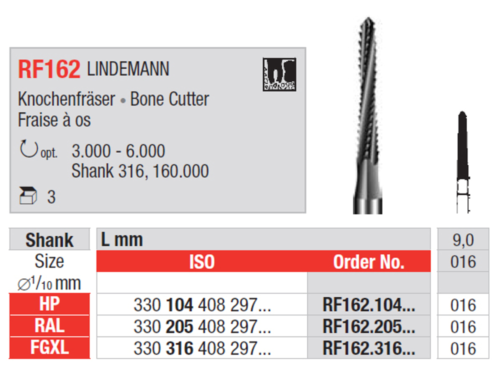 EDENTA RF162.316.016 Стальная хирургическая фреза RF162 FGXL, d 1,6 мм