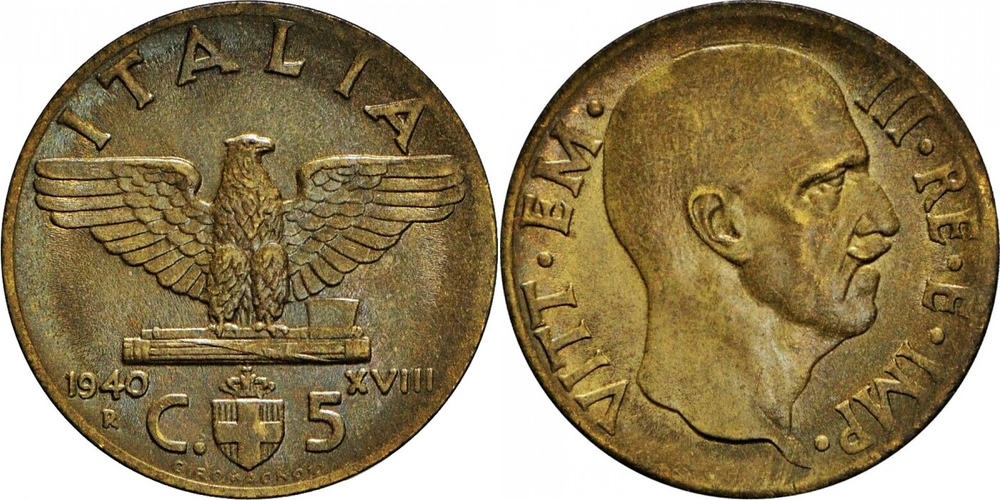 Италия 5 чентезимо, 1939 - 1943 Король Виктор Эммануил III XF