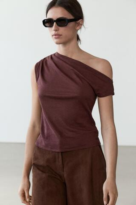 Massimo Dutti Топ асимметричного кроя с драпировкой из смесового льна, бургунди