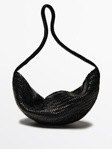 Massimo Dutti Плетеная сумка из кожи наппа с плечевым ремнем, черный