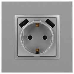 14-4109-03 ЭРА Розетка 2P+E 16A-250В, штор. с 2xUSB 5В-3А, Эра Elegance, алюминий | Elegance Алюминий