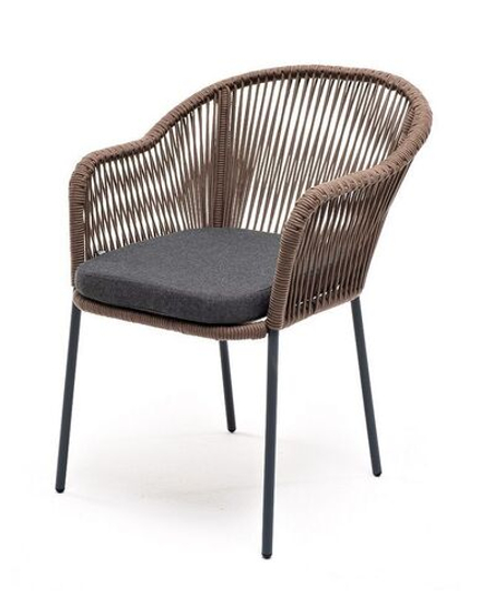 "Лион" стул плетеный из роупа, каркас из стали серый (RAL7022) муар, роуп коричневый круглый, ткань темно-серая 027