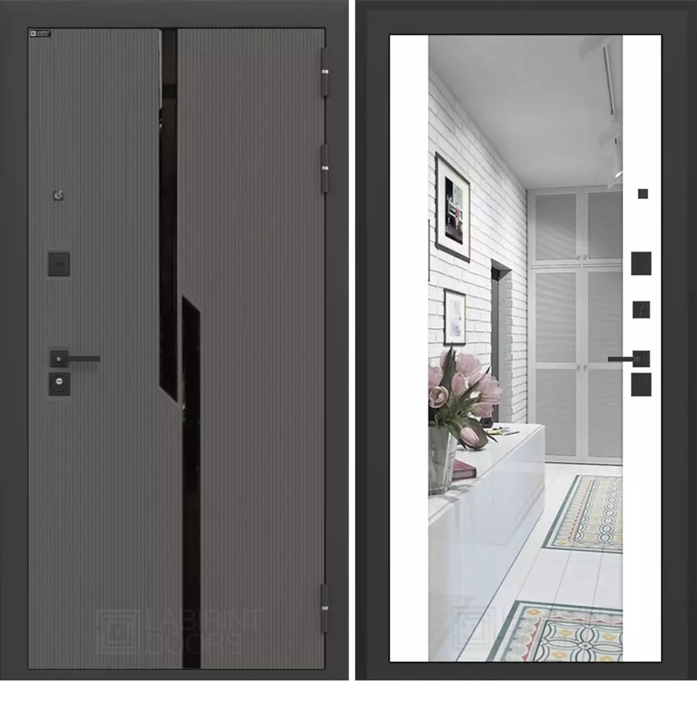 Входная металлическая дверь CARBON (Карбон) с зеркалом Максимум Белый софт / Графит Лофт