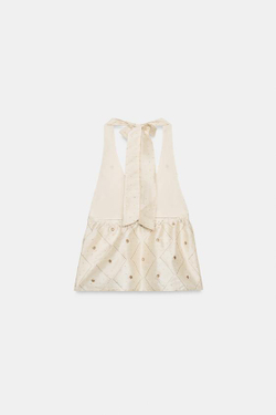 ZARA ТОП ИЗ ТАФТЫ С ВЫШИВКОЙ И ЗЕРКАЛАМИ, КРЕМОВЫЙ