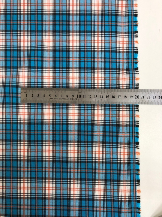 Костюмная принт клетка, белый/черный/оранж на голубом BST