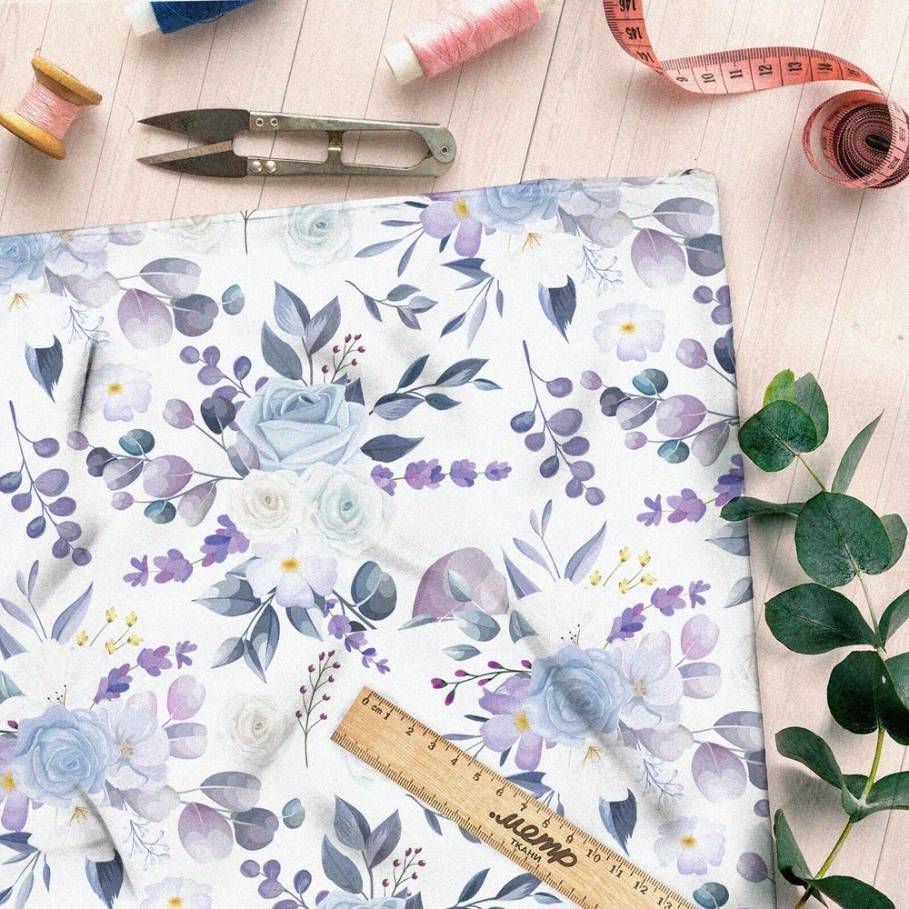 Ткань шелк Армани сиреневый букет на белом фоне