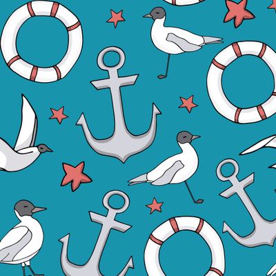 Морской принт с чайками и спасательными кругами на синем