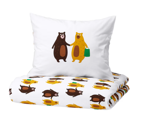 BRUMMIG БРУММИГ Пододеяльник и наволочка 150х200/50х60 см, желтый/бурый медведь
