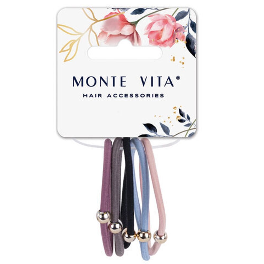 Резинки для волос НАБОР 5 шт., 0,3х14 см, с бусинкой, чёрный, фиолетовый, бежевый, MONTE VITA, 457042