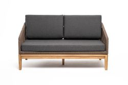 "Канны" диван 2-местный плетеный из роупа, основание дуб, роуп коричневый круглый, ткань темно-серая 027