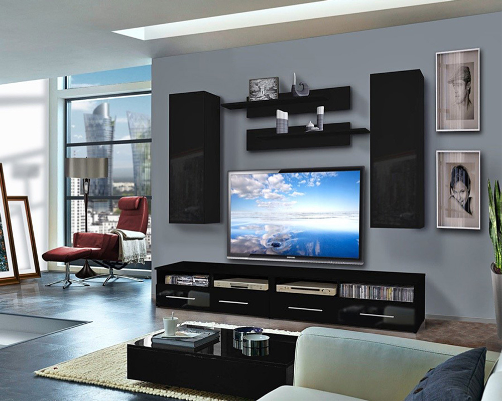 Гостиная 28 МДФ Черный DM089-6Т (глянец) / Черный 0190 PE 240*45*170 см, Черный, Ченый Фасадный   Фиеста