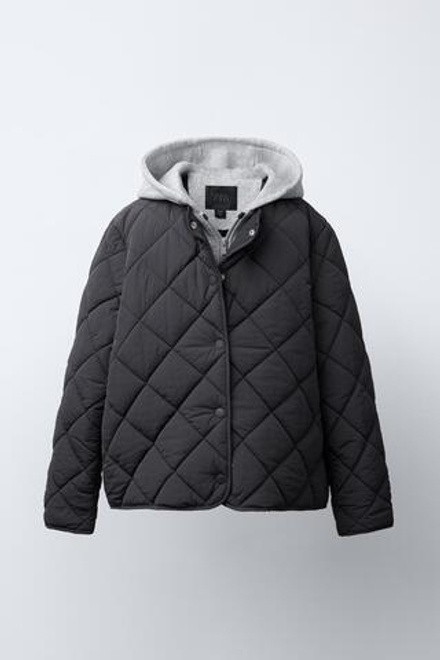 ZARA СТЕГАНАЯ КУРТКА С КАПЮШОНОМ, АНТРАЦИТОВО-СЕРЫЙ