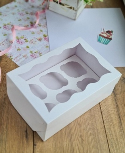 Коробка для капкейков с окном на 6 капкейков белая  25х17х10 см