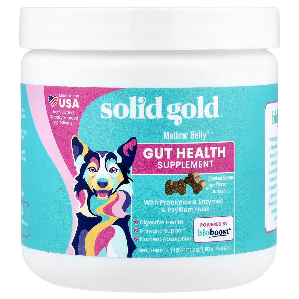 Solid Gold, Mellow Belly™, добавка для здоровья кишечника, для собак, копченый бекон, 120 жевательных таблеток, 216 г (7,6 унции)