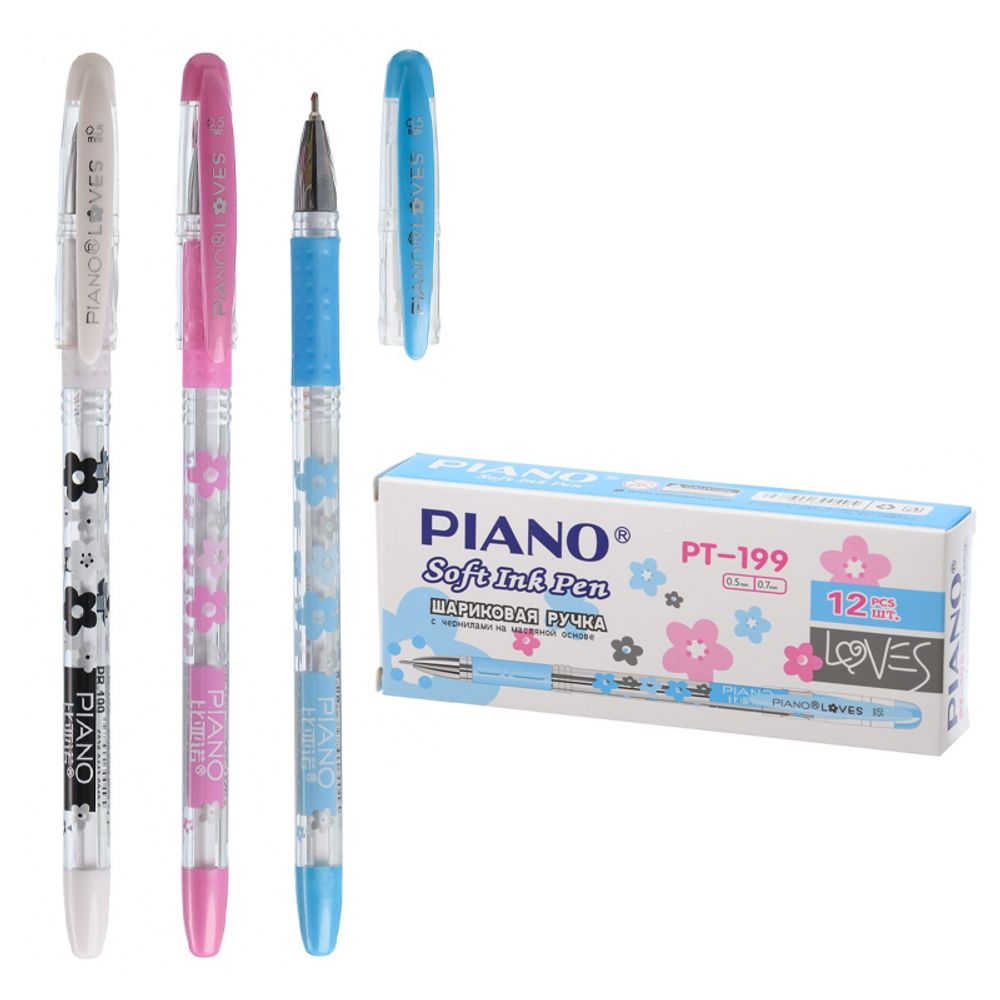 Ручка масляная Piano шариковая, синие чернила, серия &quot;Loves&quot;, цветной корпус с цветочками, 12 шт