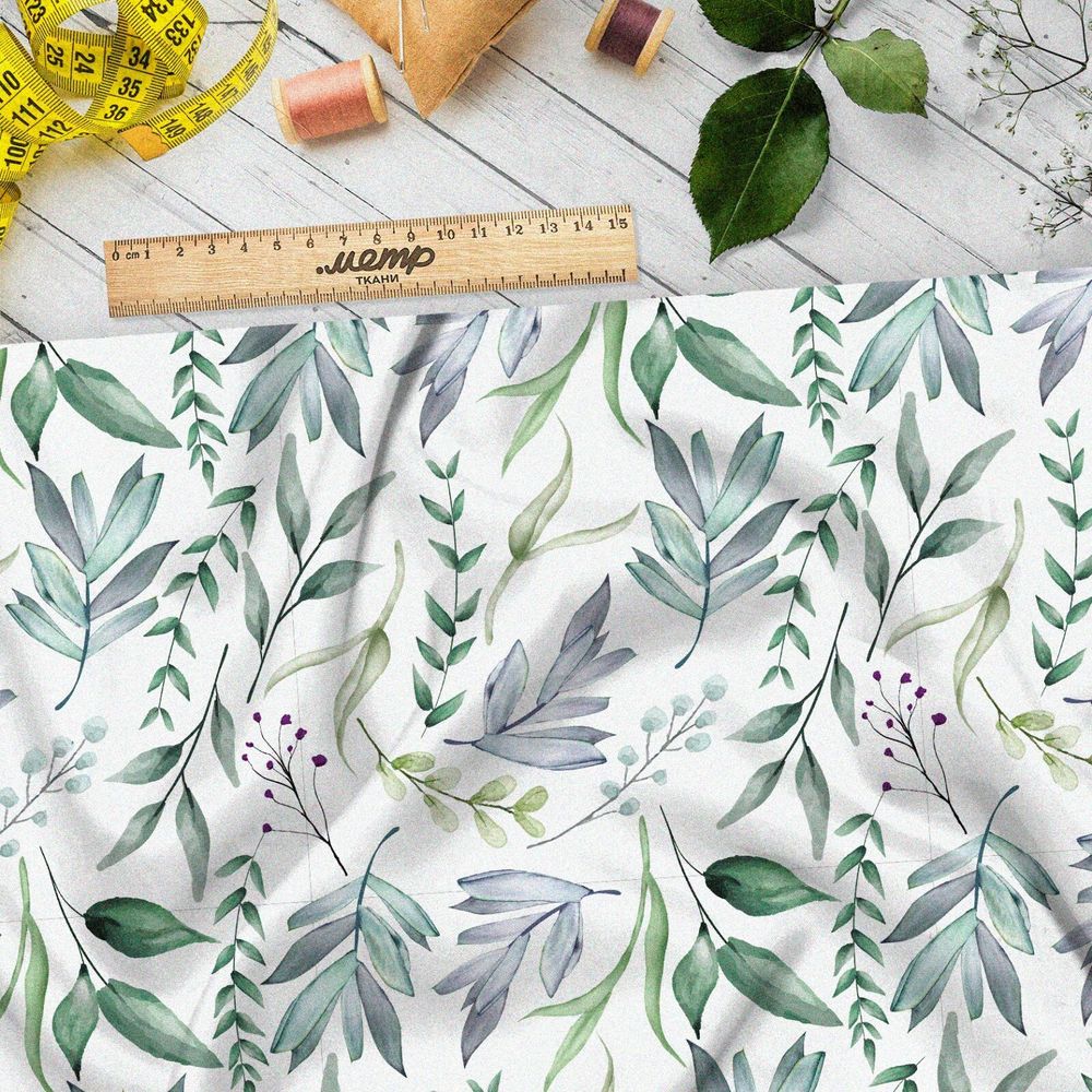 Ткань оксфорд 210 зеленые акварельные листочки